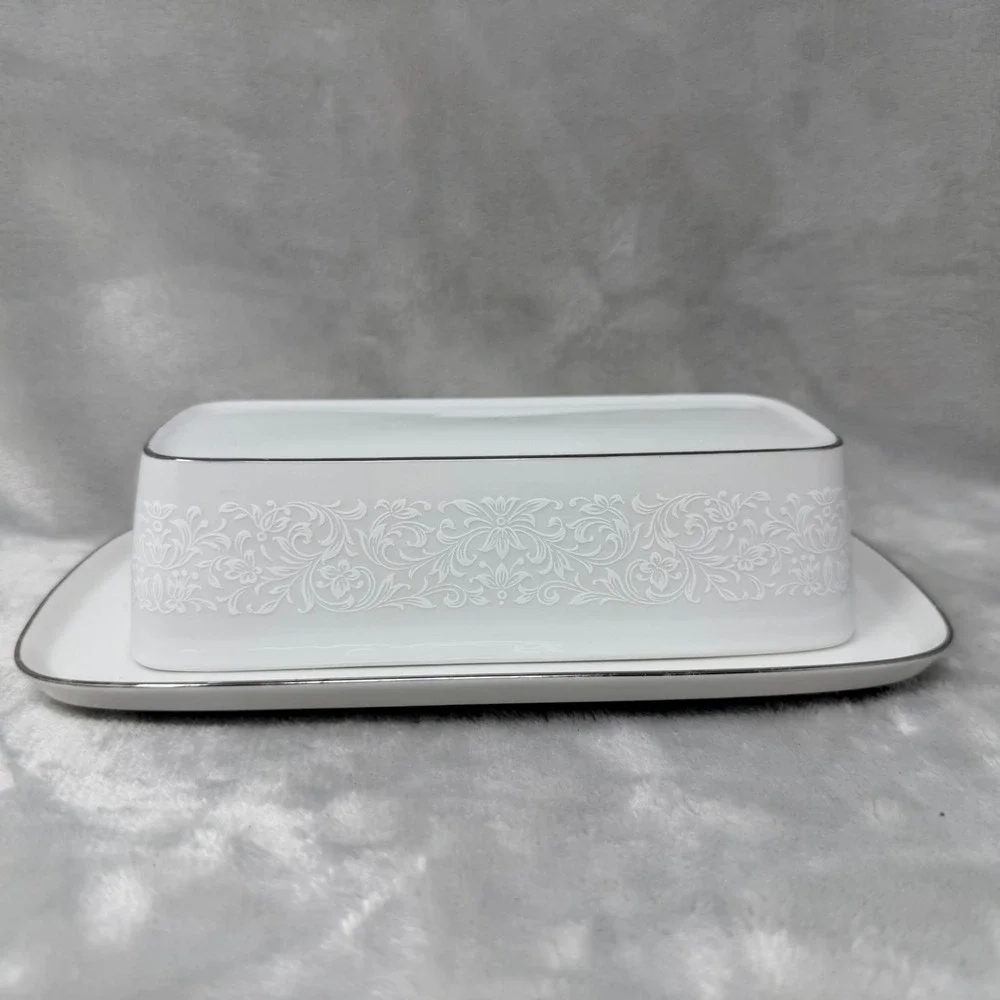 Crown Victoria‎ Empress Fine China Butter Dish with Lid White Floral Silver Trim